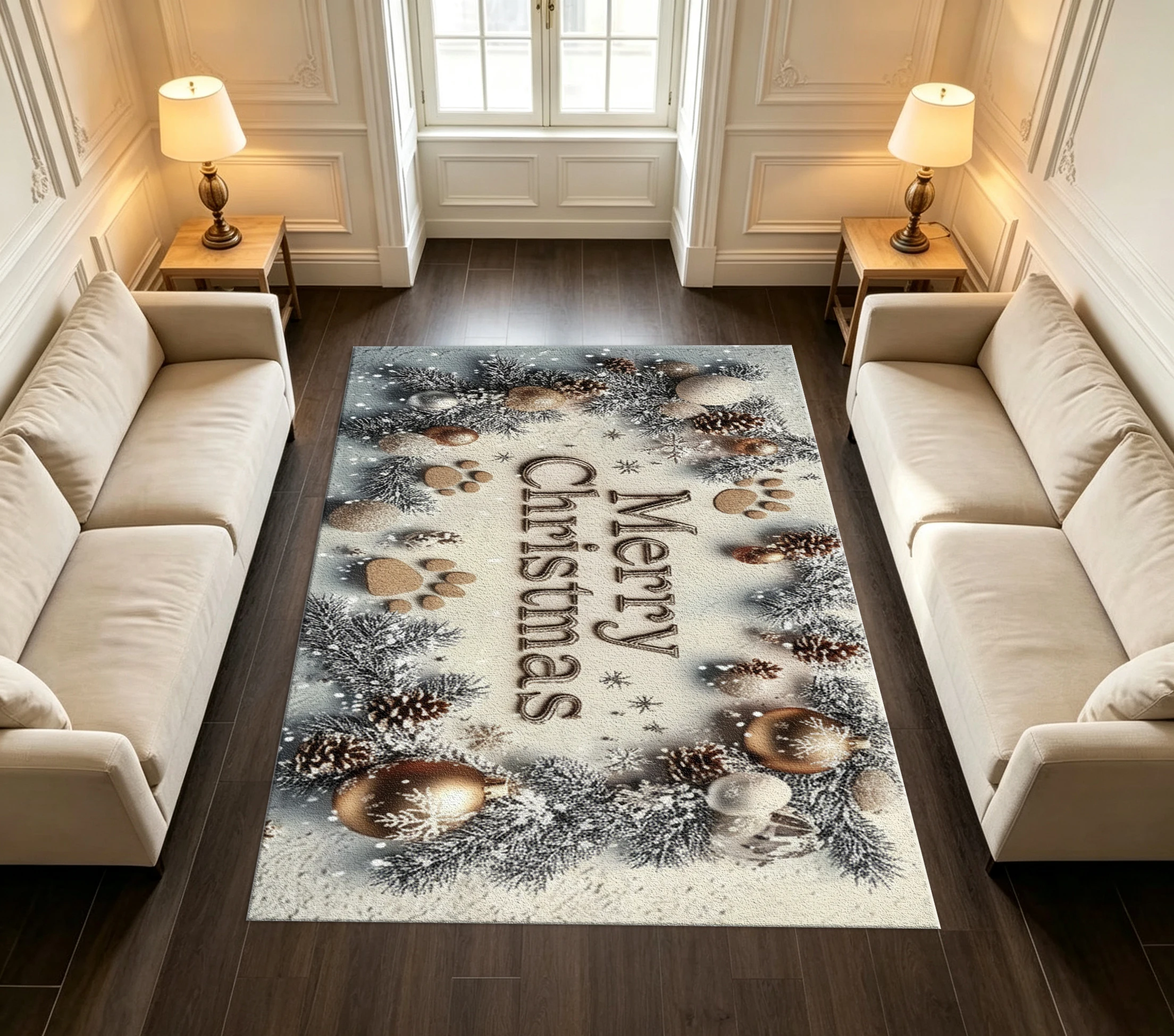 Merry Christmas Golden Ornament Pine Cone Paw Print Holiday Area Rug