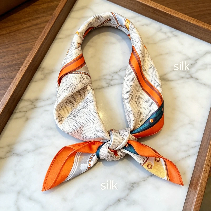 Korean Small Scarf Versatile Decorative Geometric Splicing Silk Scarf Women's Headband Bag Matching Clothing Mulberry Silk Scarf