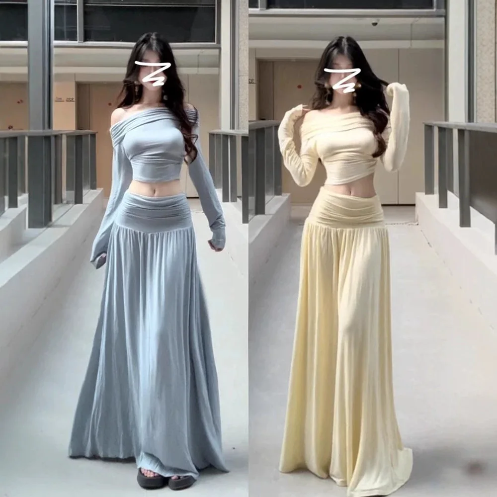 Sexy One-Shoulder Two-Piece Set Spring Fashion Half-Skirt Ensemble Oversize Japanese Style Long Sleeve Cotton Embroidered Top