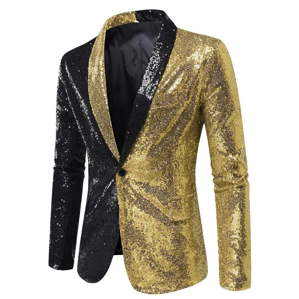 Shiny Sequin Suit Jacket Men\'s Stage Performance Coat White Silver Blue Red Purple Blazers V-neck Single Button 25216395