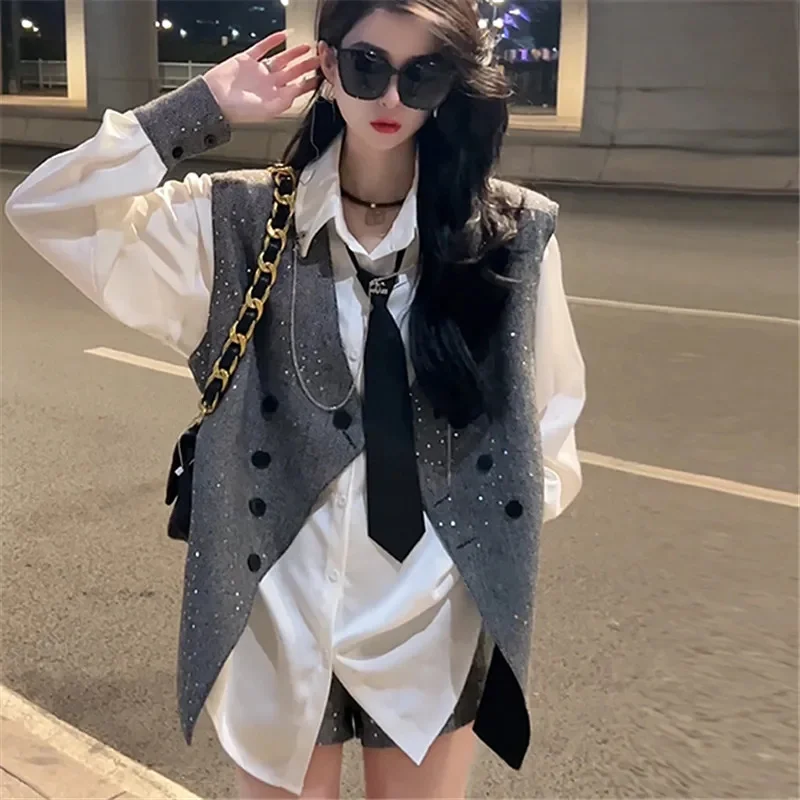 High end Temperament Contrasting Color Shirt for Women 2024 Spring and Autumn New Layered Design Sequin Vest Shirt Two-piece Set