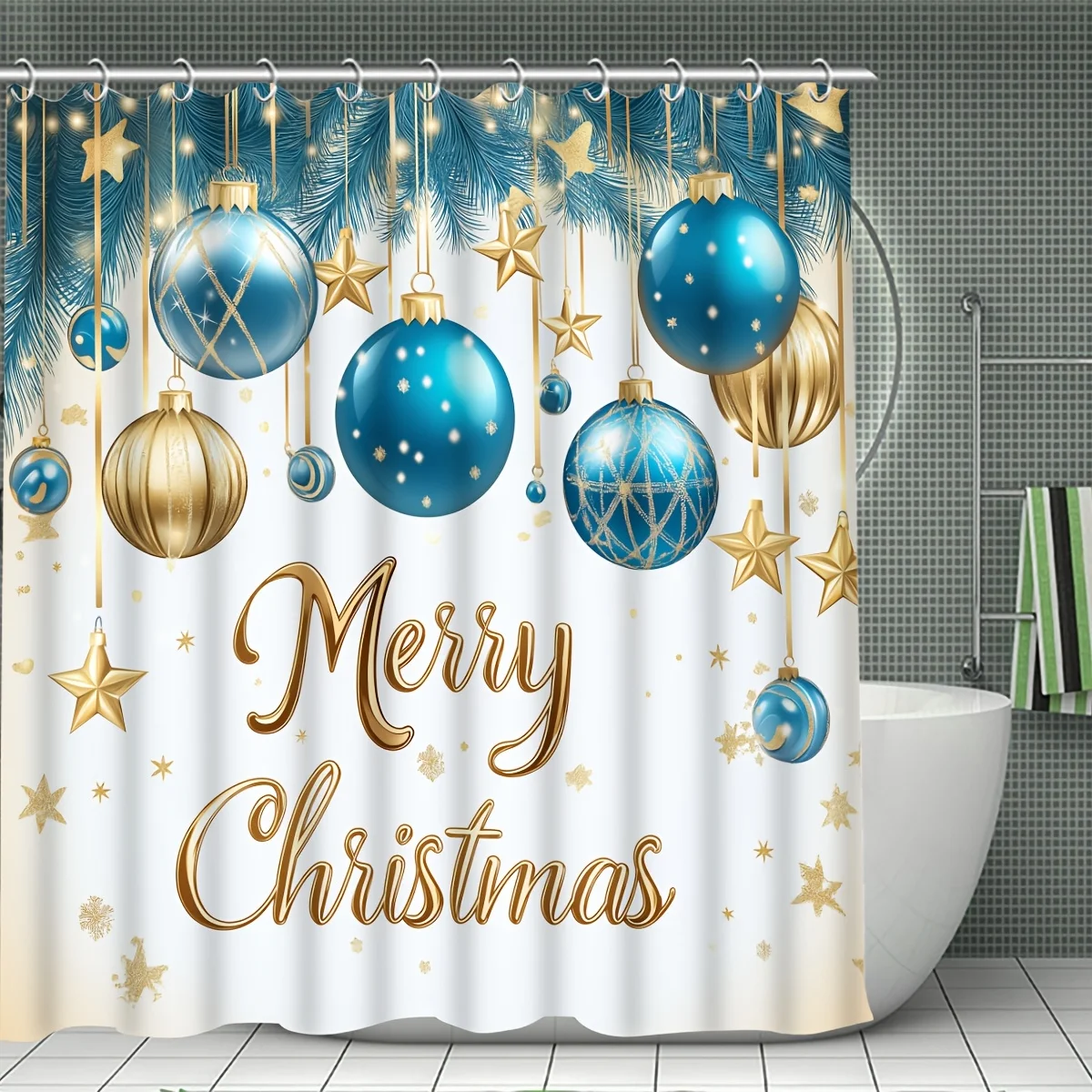 4Pcs Merry Christmas Shower Curtain Set,Blue Gold Xmas Decor,Washable Polyester,Non-Slip Bath Mat,U-Shaped Toilet Cover,12 Hooks