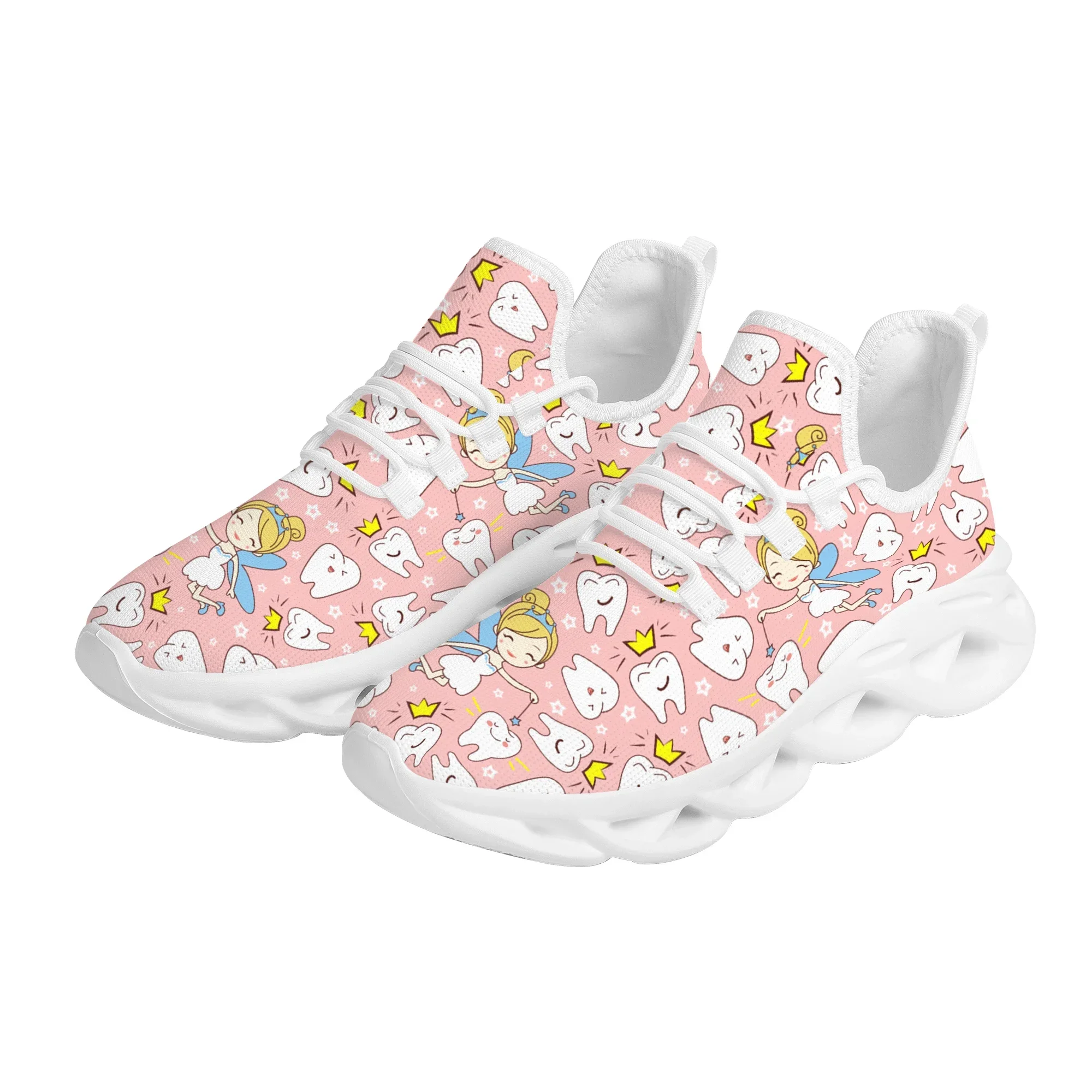 Pink Crown Teeth Angel Print Mesh Flat Shoes Casual Outdoor Street Trend Lace-up Sneakers Light Non-slip Adult Running Shoes