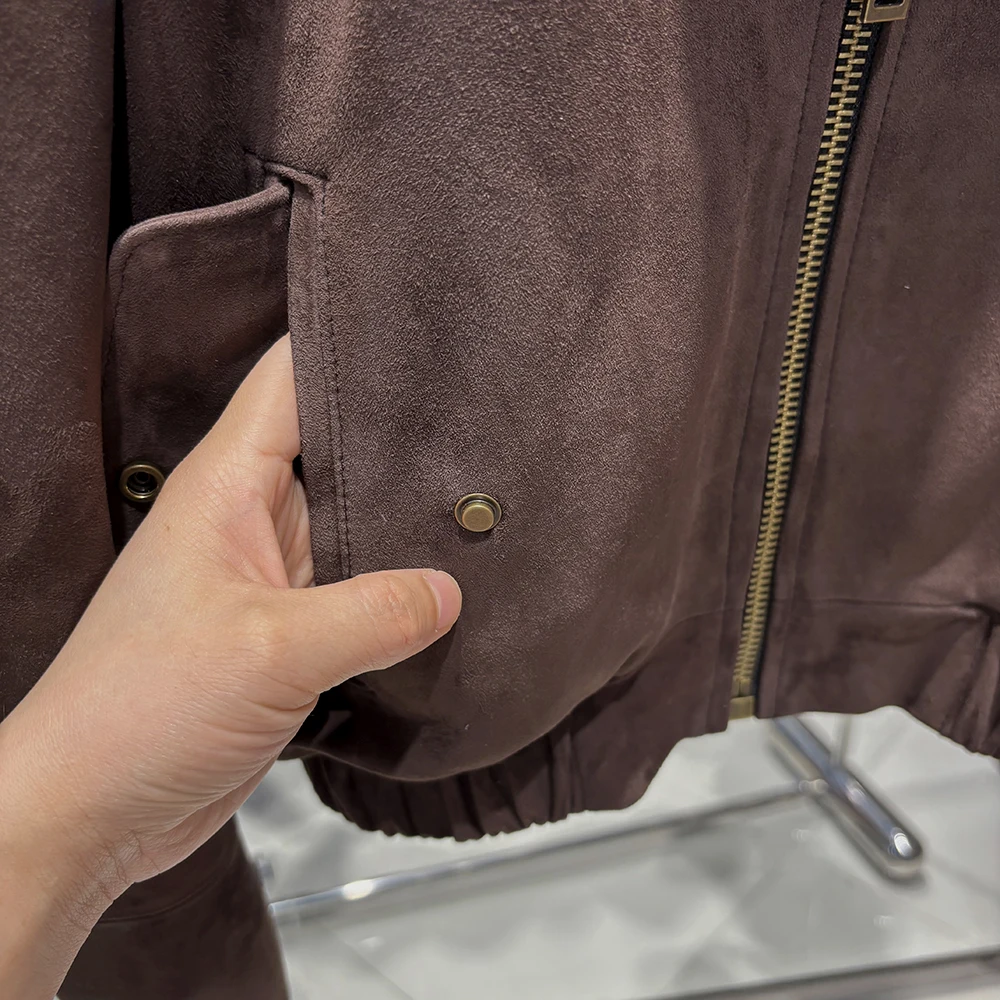 YOLOAgain Suede Leather Jacket Coat Women Real Leather Cropped Jacket Bomber Jacket