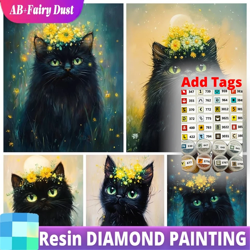 

Resin Fairy Dust AB 5D DIY Diamond Embroidery Cat Full Round Diamond Mosaic Animal Painting Flower Picture Rhinestones Child Gif