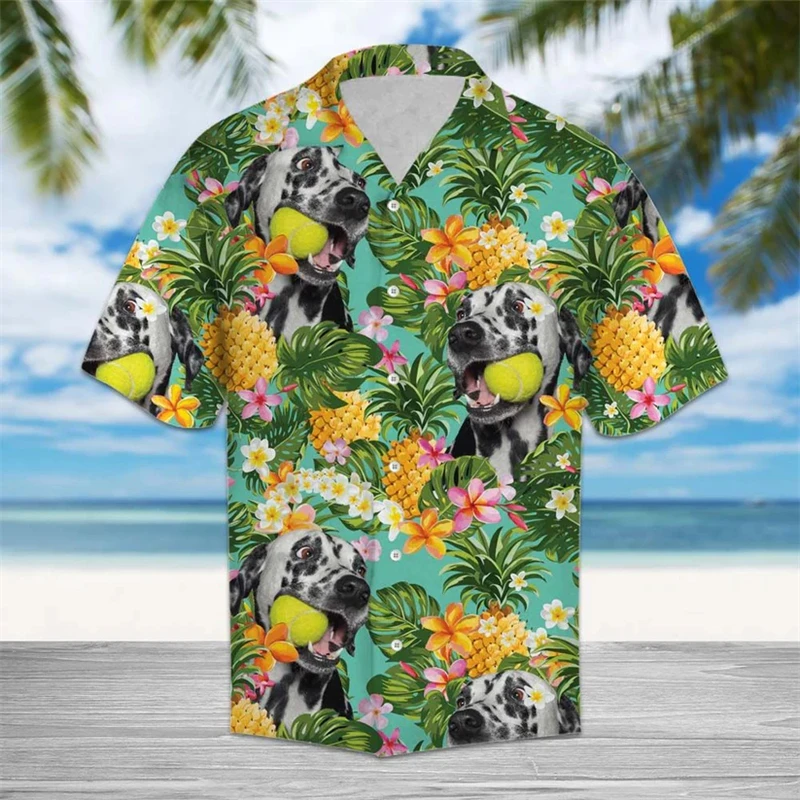 

Tropical Pineapple Dog Pattern Hawaiian Shirts Summer Fashion Short Sleeve 3D Printed Blouse Casual Oversized Lapel Unisex Shirt