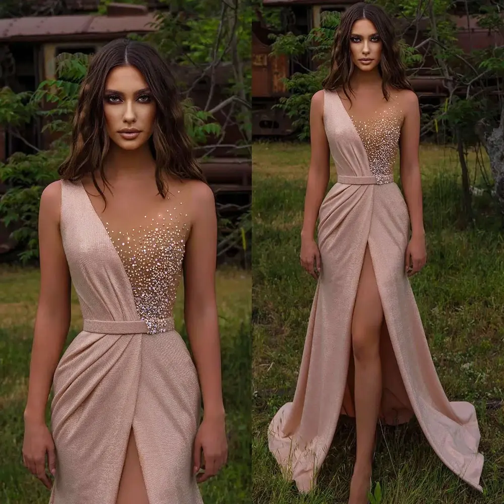 Pink Elegant Sequins Evening Dresses Women Illusion Beads Sheer Neck Prom Gown Front Split Pleats Long Dress for Special Occasio