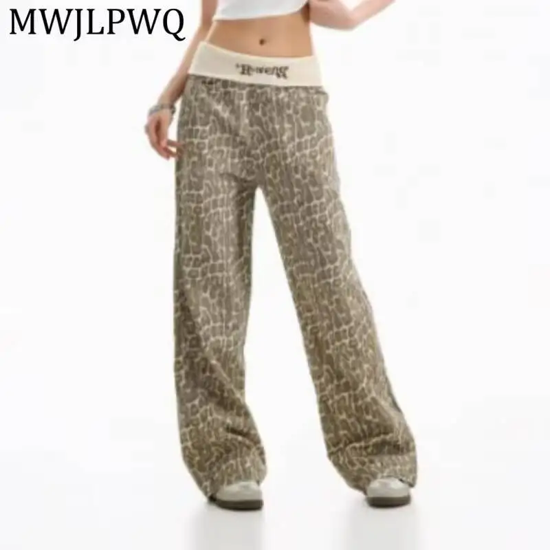 MWJLPWQ Retro Leopard Print Loose Casual Pants For Men American Trendy Vibe Punk Elastic Waist Wide-Leg Straight Trousers 17081