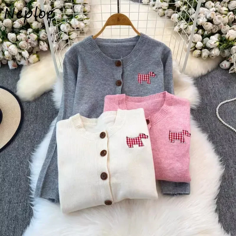 Neploe Puppy Patch Sweet Knitted Cardigan Femme 2024 Autumn Winter Soft Sticky Forest O-Neck Long Sleeve Slimming Sweater Coats