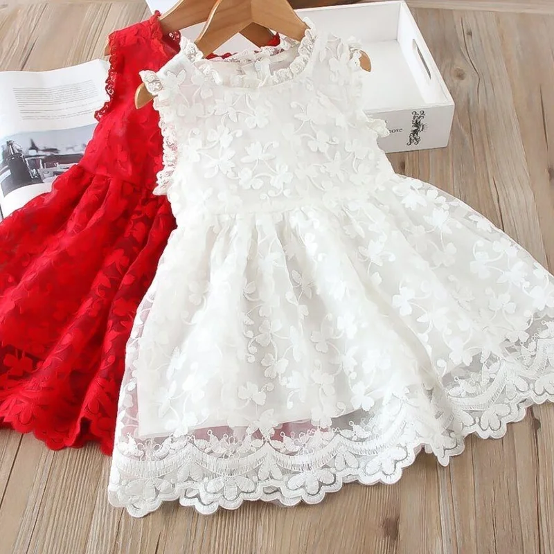 Girls Flower Lace Princess Dress Summer Sleeveless Sweet Dresses Kids Wedding Birthday Party Ball Gown Children Causal Clothing