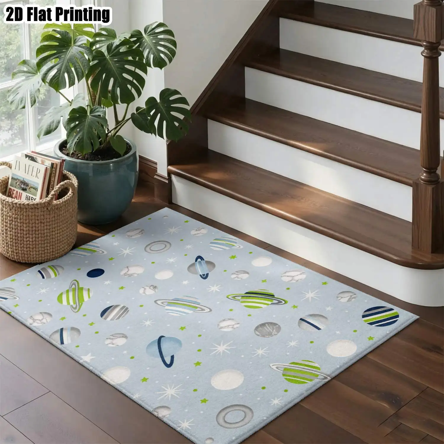 1Pc 2D Printed Blue-Green Planet Pattern Nordic/Instagram Style Carpet, Machine Washable, Multi-Size, Suitable for Multi-Scene Home Decoration
