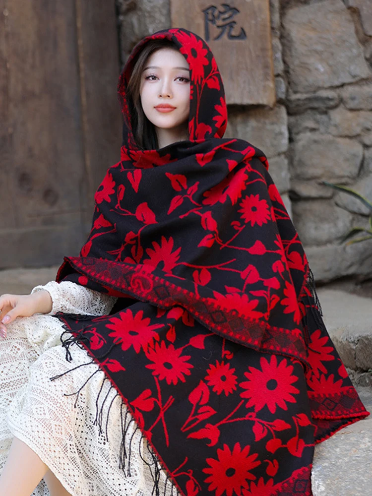 New 2024 Knitted Women Scarf Winter Vintage Floral Hooded Poncho Female Wrap Blanket Capas Para Mujer Chales Pashmina Shawl Boho