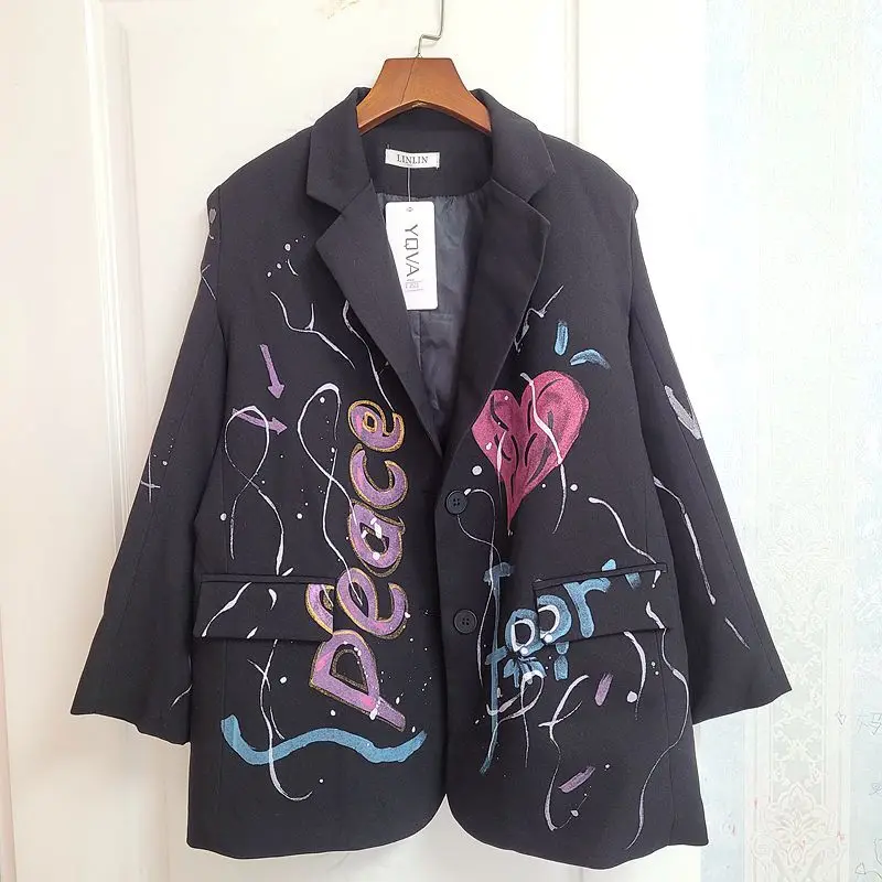 Letter Graffiti Printing Black Suit Jacket Women Spring Casual Single-breasted Notched Collar Long Sleeve Female Blazers Coat