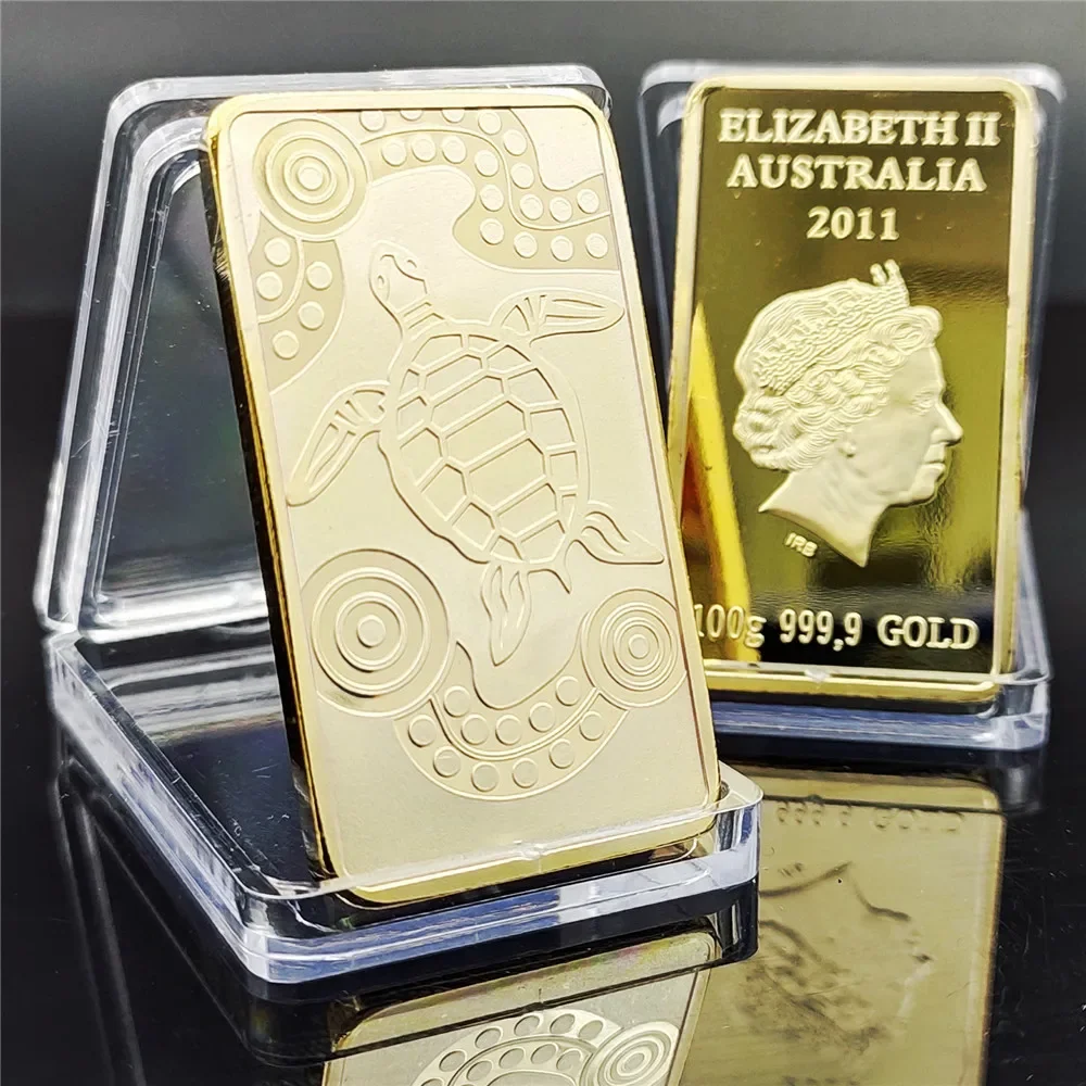 1Pcs Oceania AU Turtle Coin 999 Gold Square Gold Bullion Elizabeth Head Bar Tortoise Commemorative Coins Copy Collectibles Gift