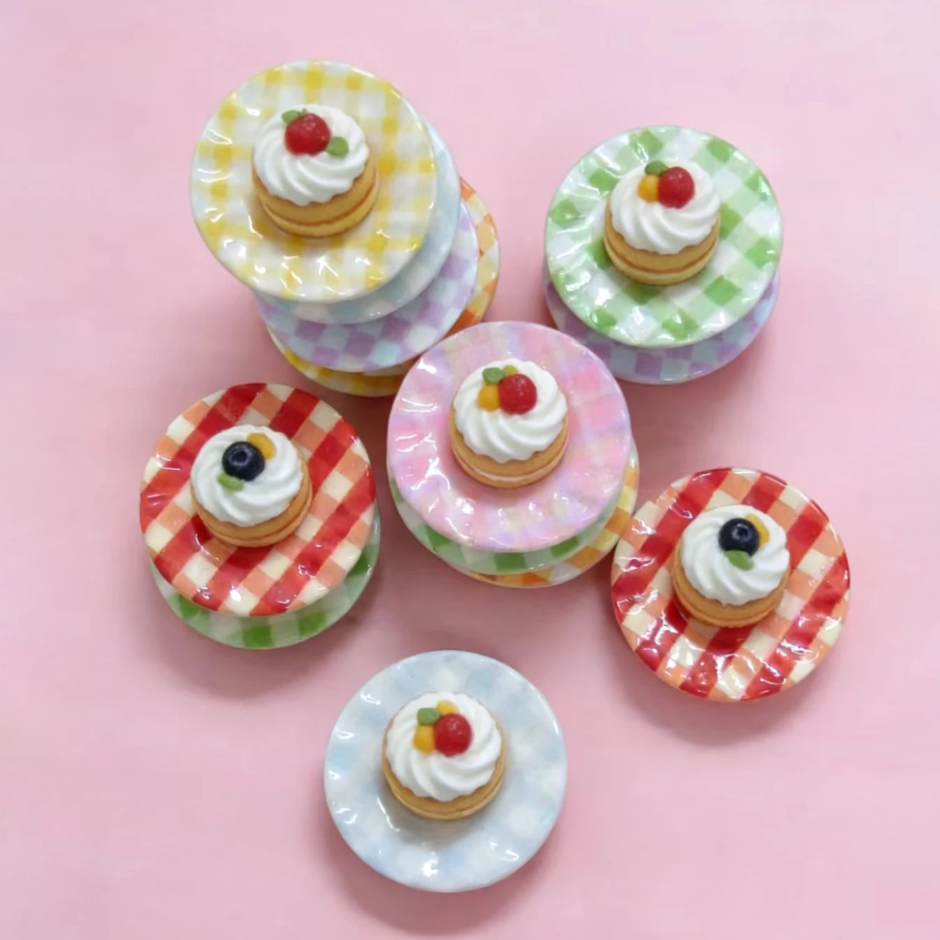 4 pcs Macaron Color Checkered Mini Dish, Edible Play DIY Material Decoration Plate Dollhouse Kitchen Decoration Item