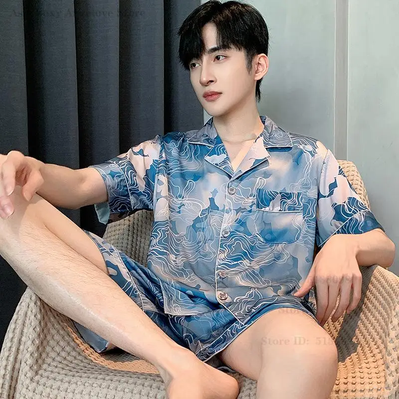 Summer New Male Pajama 2PCS Set Print Short Sleeve Shorts Sleepwear Loungewear Loose Silk Satin Home Clothes Lingerie Pyjamas