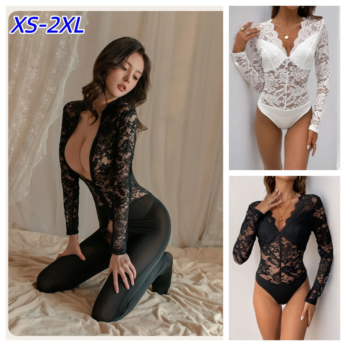 Y2K Women Sexy Base Layer Bodysuits Solid Black Sheer Slim Flower Scallop Trim V Neck Long Sleeve T-shirt Trendy Tight Lace Top