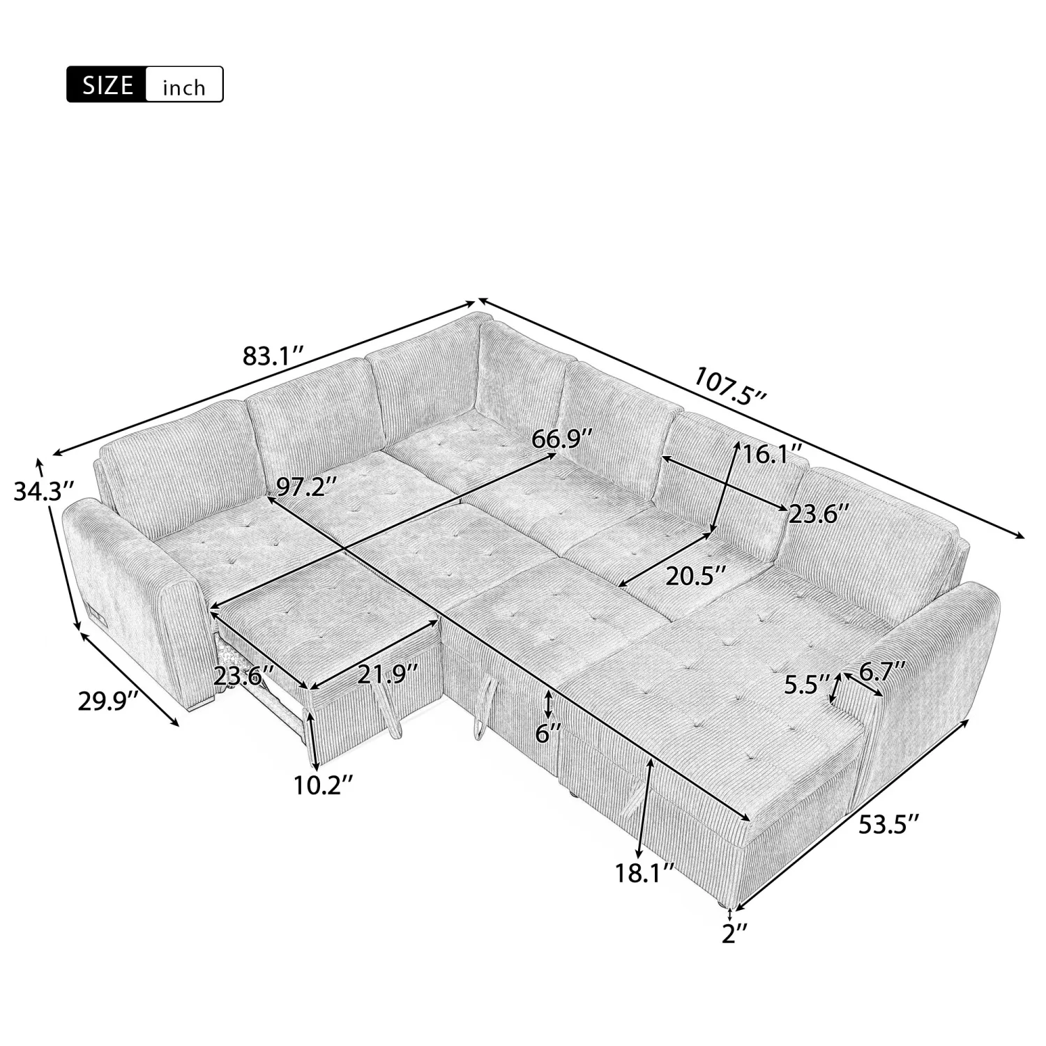 

107.5" U-shaped Sofa Sectional Sofa Pull-out Sofa bed with a Storage Chaise Lounge, Charging Devices for Living Room, Beige