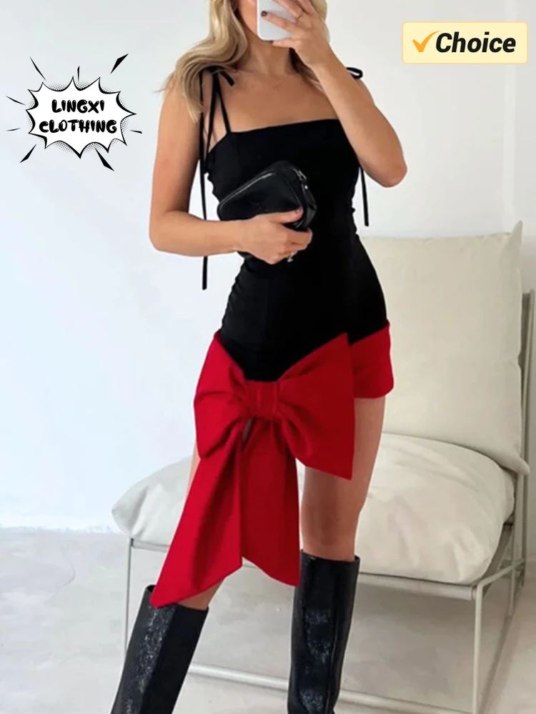 2024 Spring New Valentine\'s Day Slim Fit Sexy Bow Dress Party Dress Women\'s Fashion Tight Tank Top Wrapped Hip Skirt