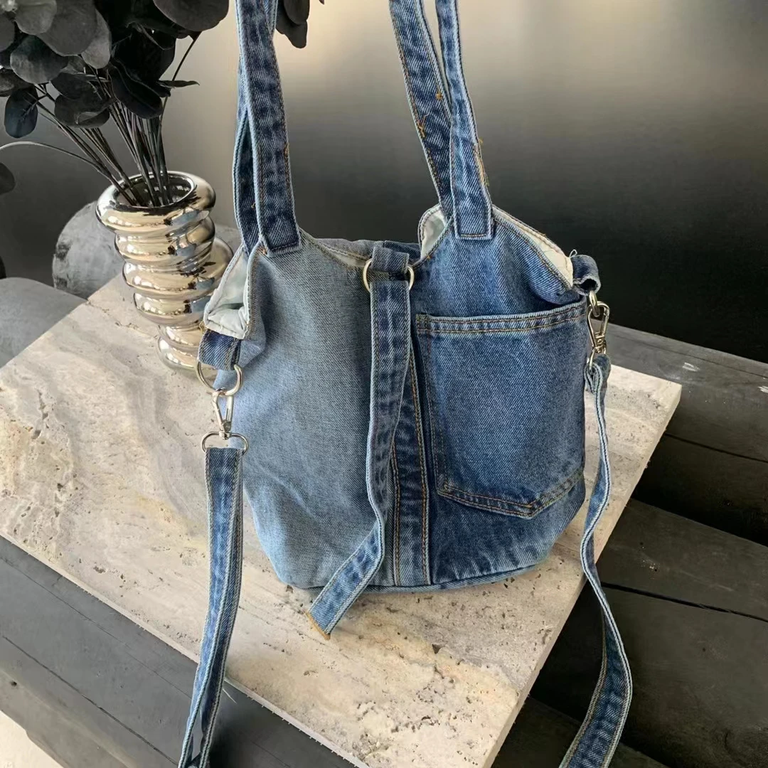 Tas Tote Denim wanita, tas selempang satu bahu kapasitas besar, tas Tote Denim kasual tangan mewah untuk wanita