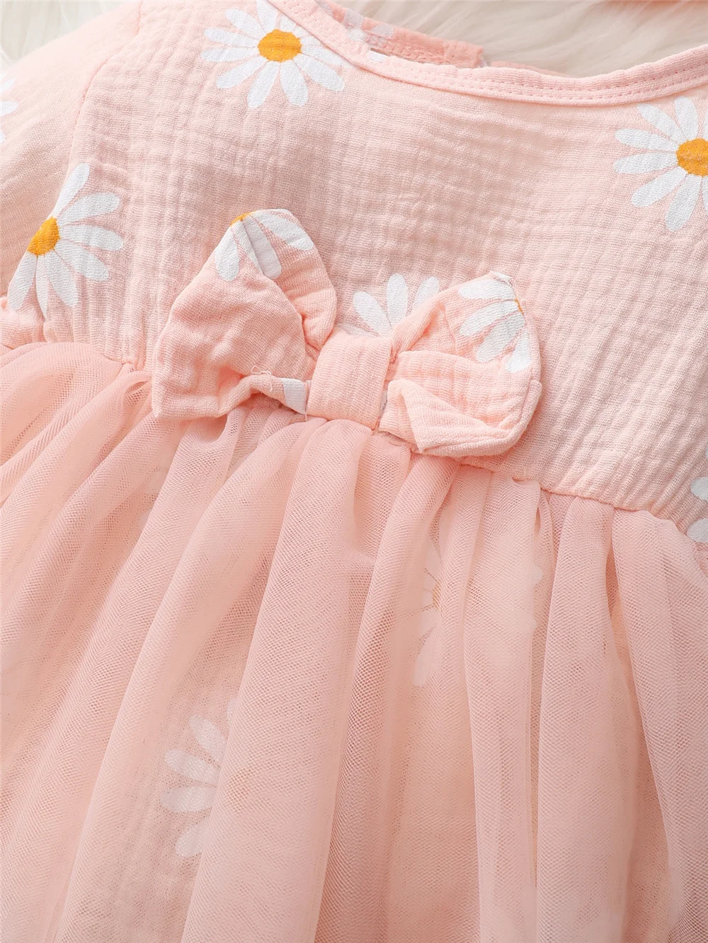 Newborn Baby Girls Cute Daisy Floral Long Sleeves Tulle Patchwork Bodysuit Holiday Party Pink Princess Dress