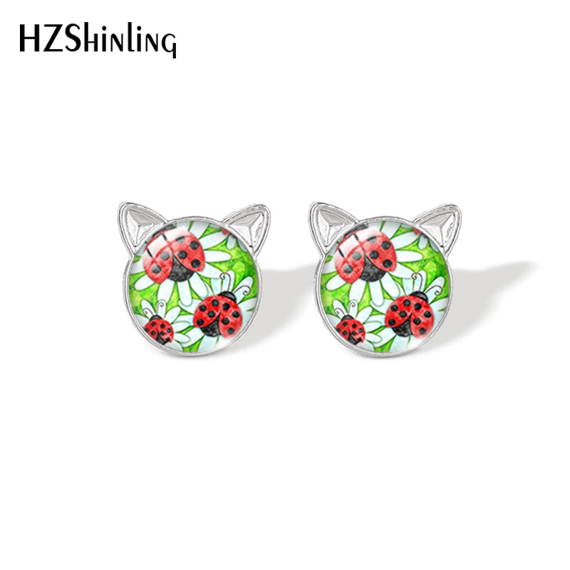 2021 New Ladybugs Stud Earring Insect Art Painting Cat Ear Earrings Handmade Glass Dome Photo Printed Jewelry Gifts Girl
