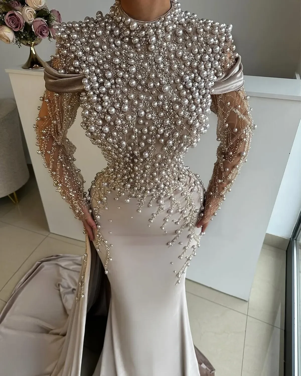Luxury Pearls Prom Dresses with Detachable Train High Neck Long Sleeve Crystal Evening Gown Satin Mermaid Formal Dress for Women