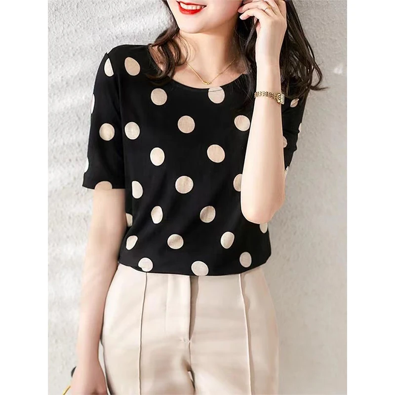 Summer Women\'s Vintage Polka Dot Printing Top Ladies Loose Casual Fashion Pullover Tee Femme Oversized T-shirt Female Clothes