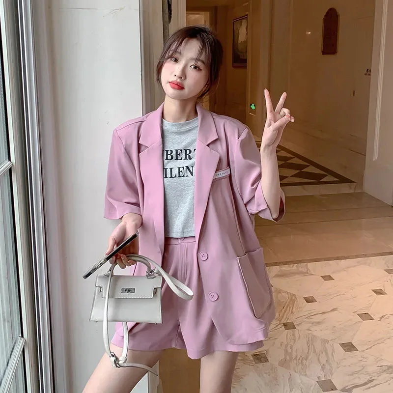 Summer Fashion Thin Solid Suit Sets for Women Korean New Casual Cardigan Suits Jacket+Shorts Two-Piece Western-style Clothes