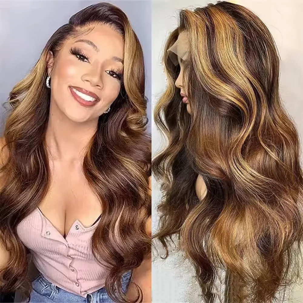 

100% Remy Hair 4/27 Highlight Body Wave13x6 13x4 HD Lace Frontal Human Hair Wigs For Women Ombre P4/27 Lace Wigs Human Hair 180%