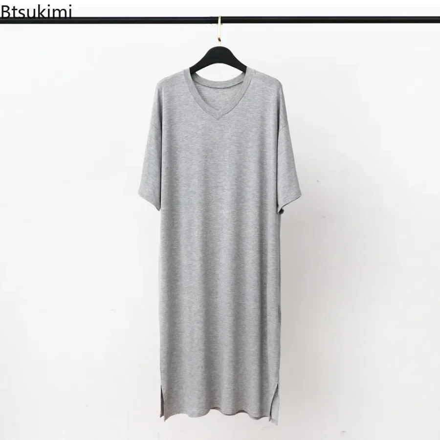 2025 Men's Modal Pajamas Home Clothes Short-sleeved V-neck Mid-length One-piece Nightgown Summer Men's Solid Loose Thin Bathrobe