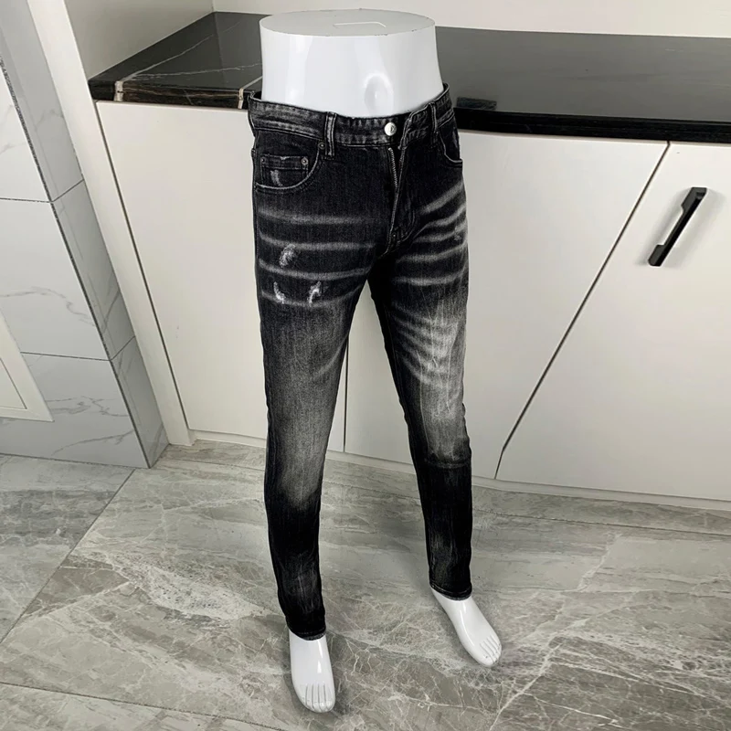 Streetwear Fashion Men Jeans Retro Black Gray Stretch Slim Fit Ripped Jeans Men Vintage Designer High Quality Brand Denim Pants