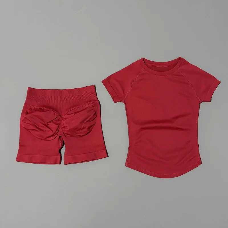 2-delige sportgymset voor dames, naadloos gebreide yogatop met korte mouwen, fitnessset, workout, hardlopen, sport, korte leggings, pak