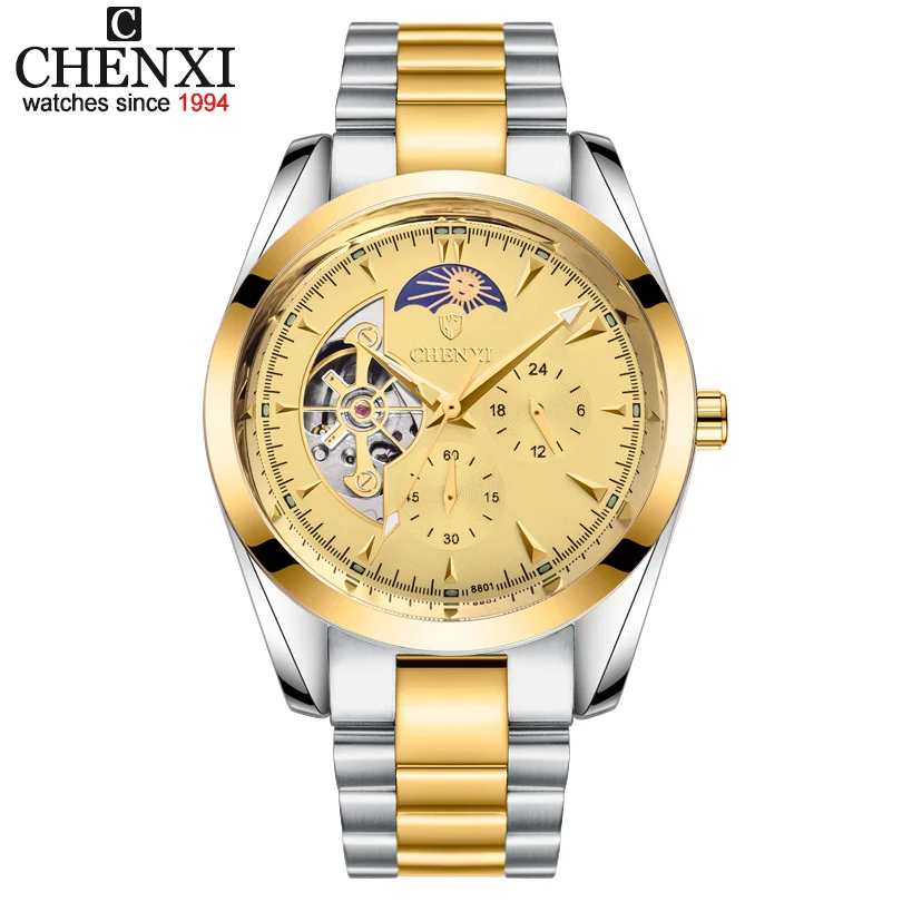 CHENXI Mechanical Watch Fashion Luxury Tourbillon Moon Phase Watches Men Silver Gold Steel Band Automatic Mechanical Wristwatch