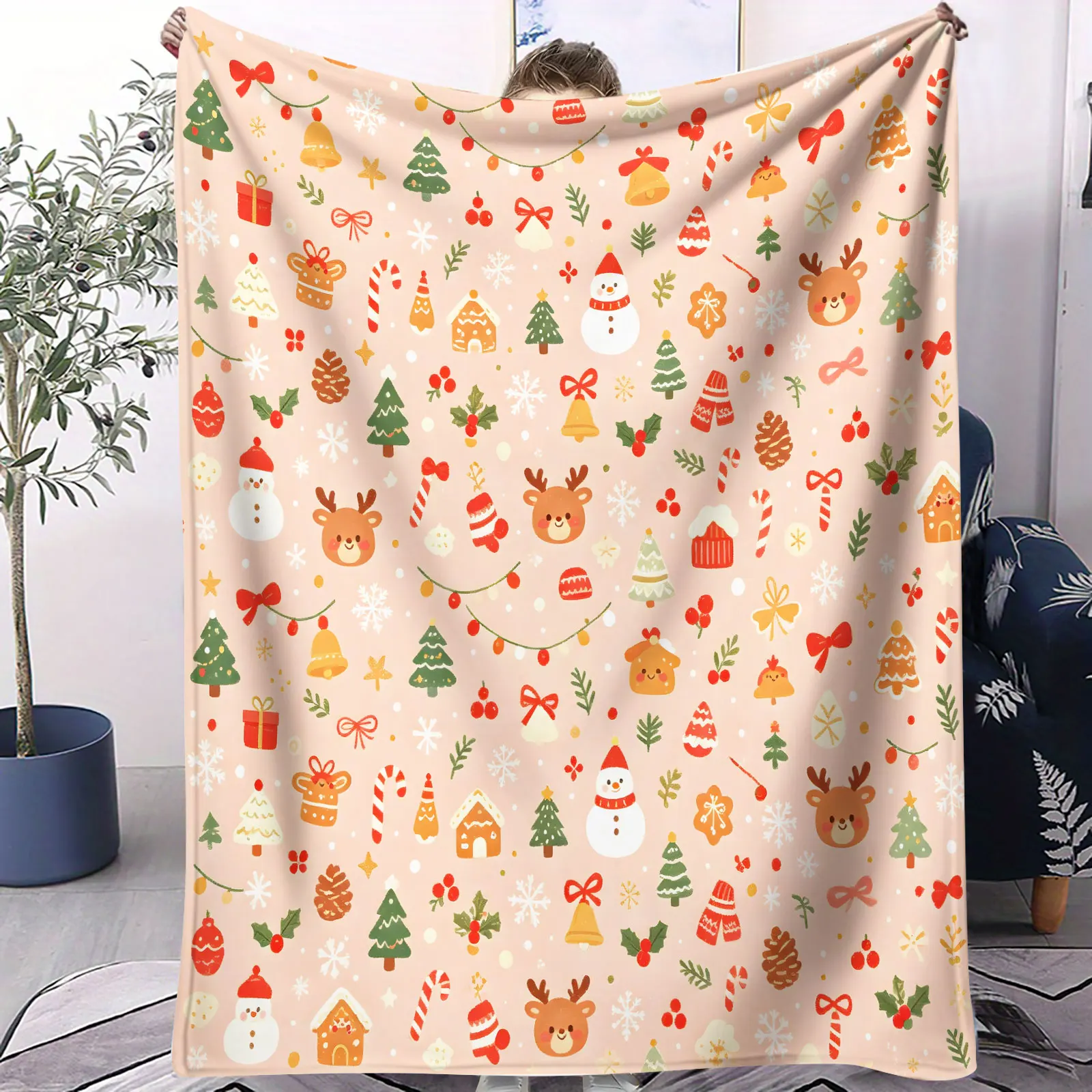 Blush Pink Christmas Flannel Throw Blanket Reindeer Snowman Xmas Tree Snowflake Print Soft Warm Plush Blanket Holiday Home Decor
