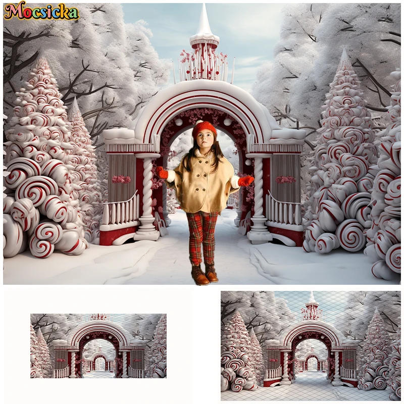 Winter Christmas Castle Ice Cream House Photography Backdrop Kids Portrait Cake Smash Backgrounds  Xmas Tree Snow Cookie Toy image 5