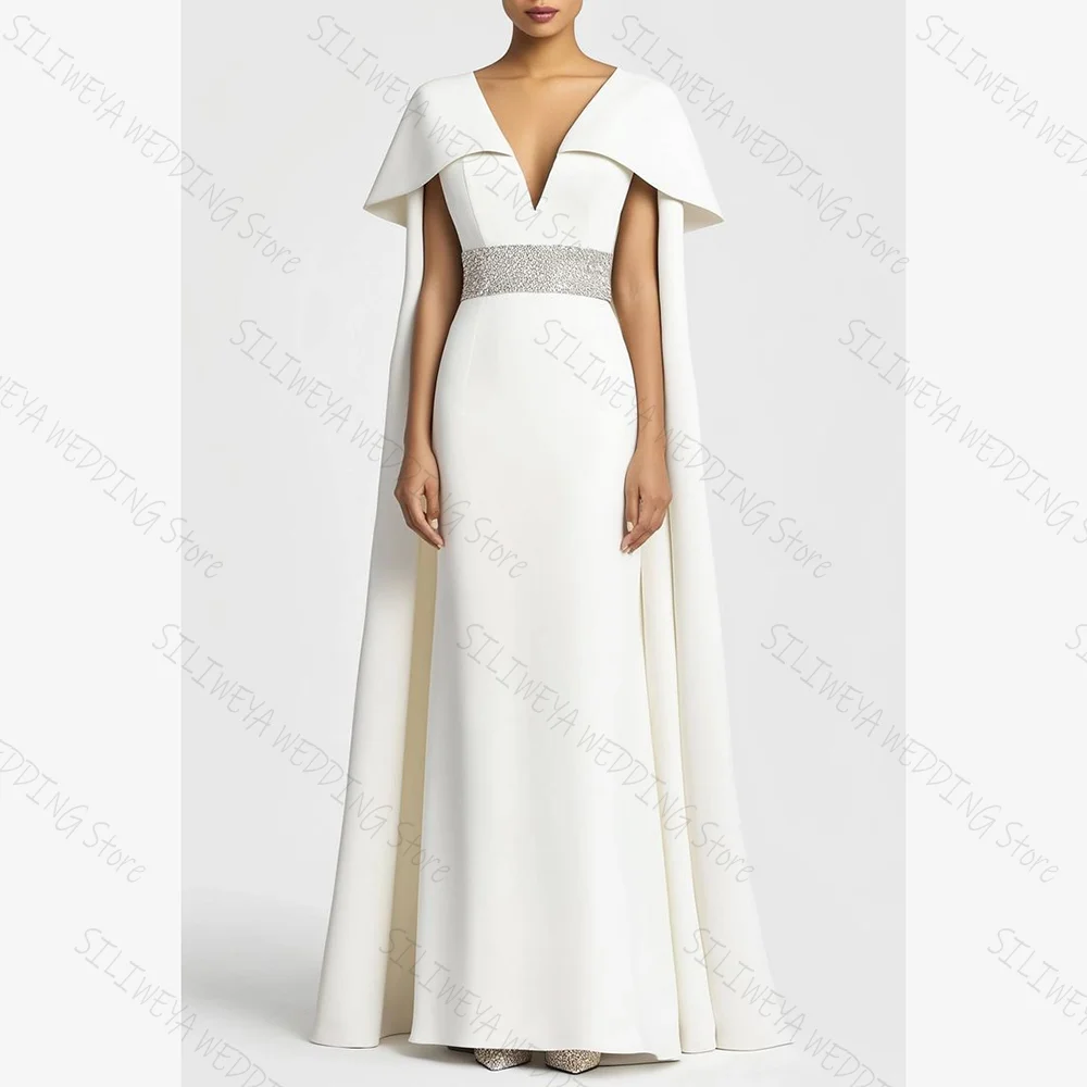 

White Elegant V Neck Chic Prom Dresses A-Line Cap Sleeves Floor-Length Female Party Evening Gown