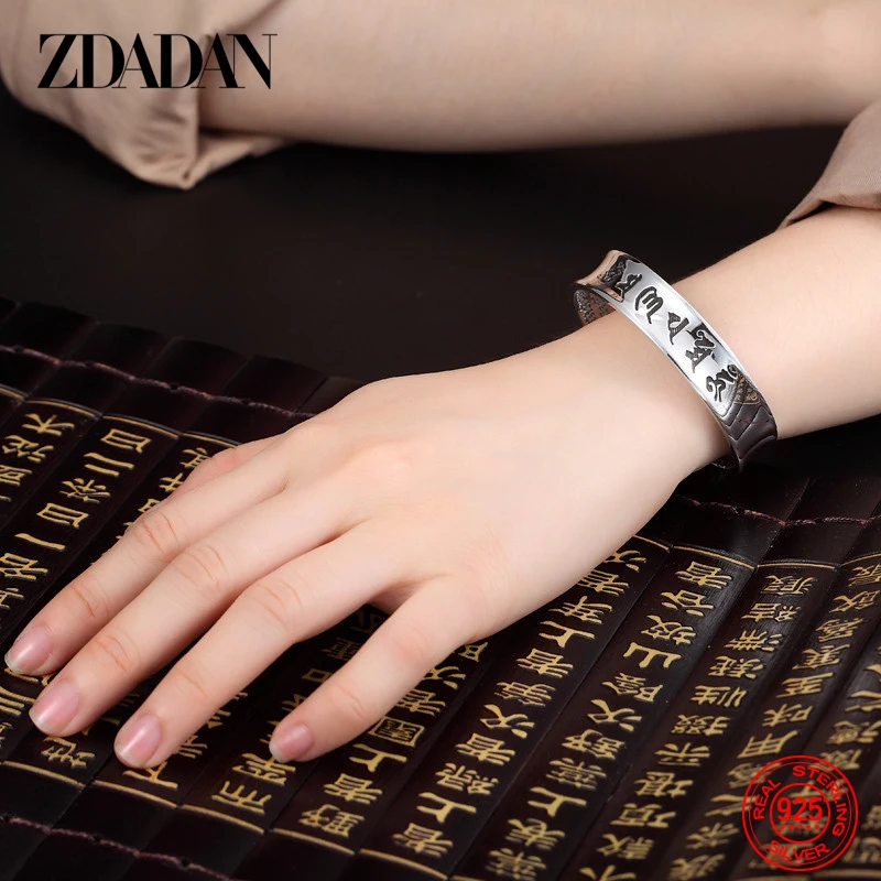 ZDADAN 925 فضة 12 مللي متر القلب سوترا رسالة المفتوحة الكفة الأساور الإسورة للنساء مجوهرات هدية حفلة
