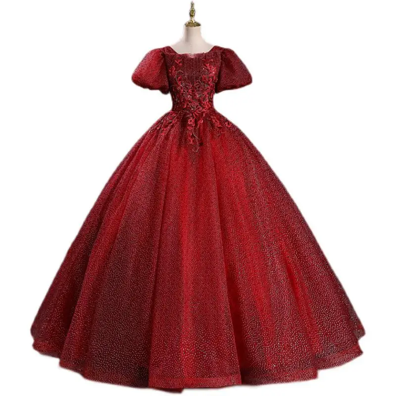 New Dark Red Puff Sleeve Quinceanera abiti Vestidos De Quinseanera 2023 New Vintage Ball Gown Flower Women con cristallo di pizzo