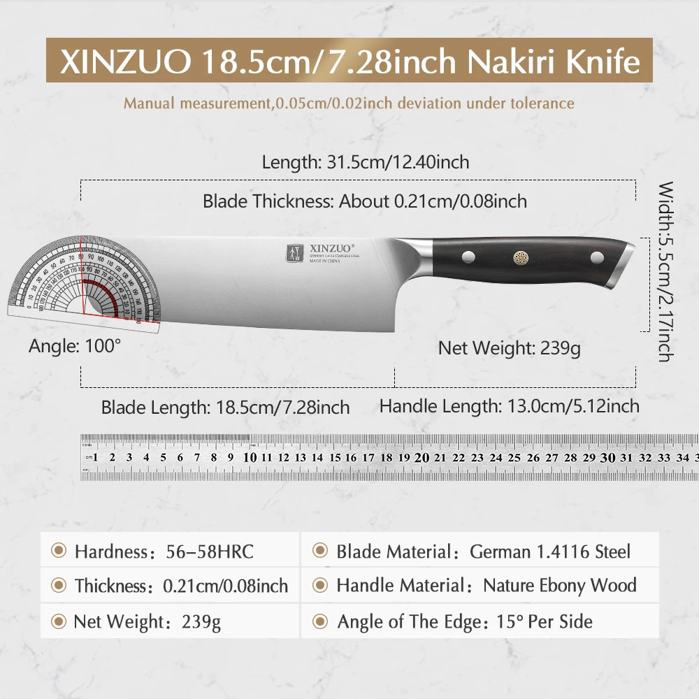 XINZUO 7.28 Inches Nakiri Knife With Ergonomic Ebony Wood Handle Classic Design For Comfortable Vegetable Preparation