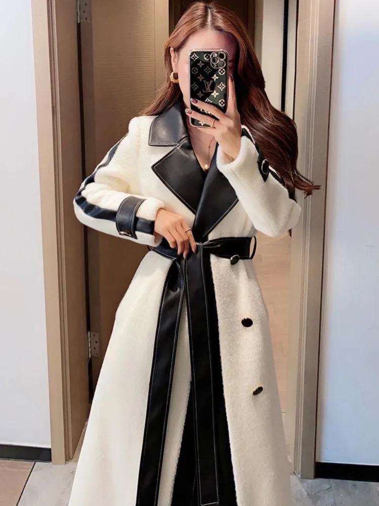 Autumn Winter Elegant Woolen Coat Women Contrast Color Patchwork Long Jackets with Belt Lapel Korean Fashion Female Outerwear