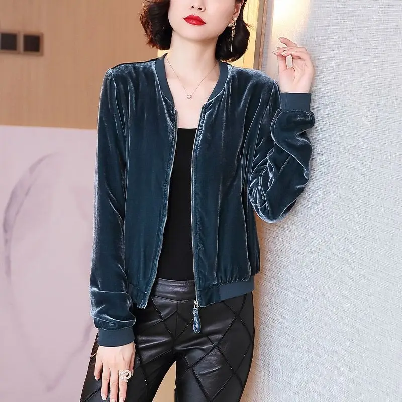 Korean velvet short jacket female long -sleeved coats 2023 spring new casual loose jacket top top base baseball uniform jackets