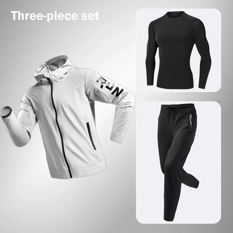 

Быстросохнущий дышащий спортивный костюм для утренних пробежек, комплект из трех предметов, мужской, влагоотводящий, для фитнеса, весна-лето