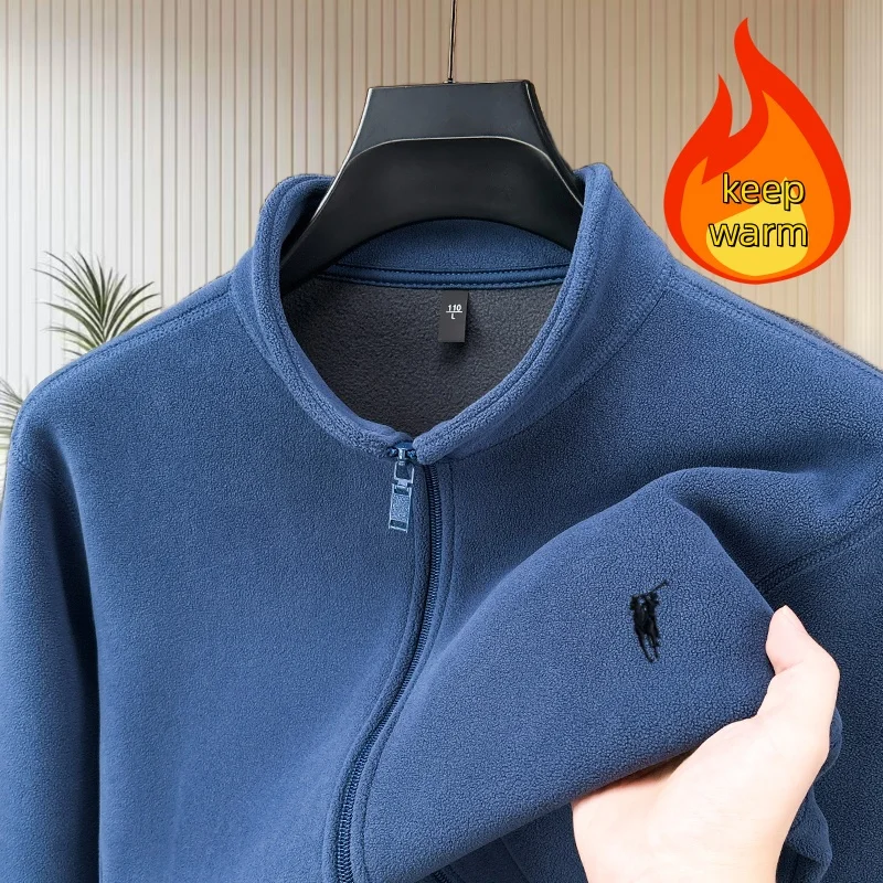 

High quality brand autumn winter hot selling men's velvet warm zipper cardigan exquisite pony embroidery stand up collar jacket