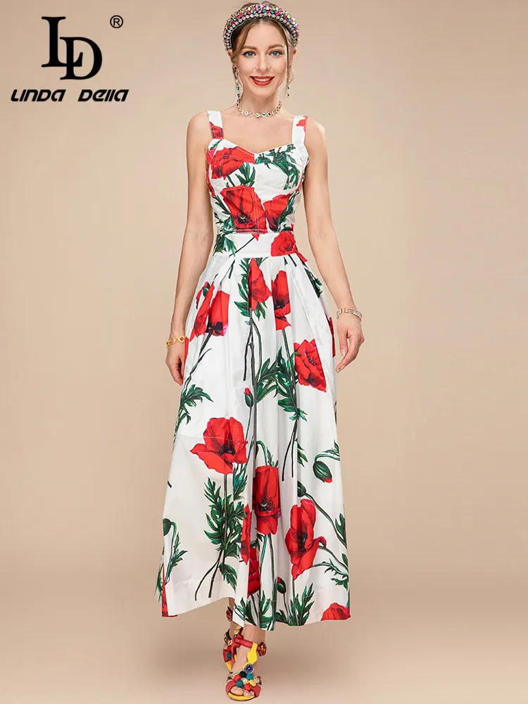 LD LINDA DELLA 2023 New Summer Print Cotton Skirt 2 Pieces Set Women Spaghetti Strap Short Vest＋Floral Holiday Midi Skirts Suit