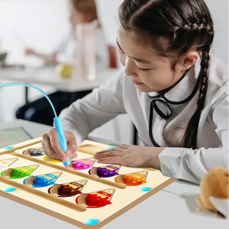 Magnetic Color Bead Maze Early Education Puzzle Board Rainbow Beads Puzzle Puzzle Color Sorting Counting Toy Wooden Magnet