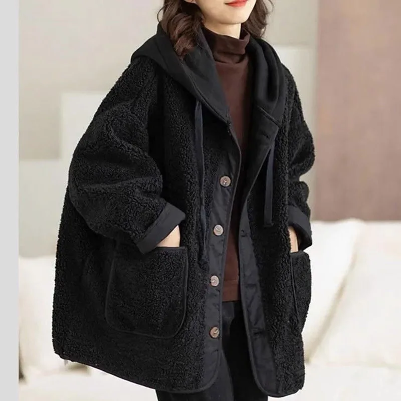 Korean Ladies Hooded Lamb Plush Jacket Autumn Winter Female Medium Long Styles Coat 2024 Women Large Size 4XL Baseball Outwear