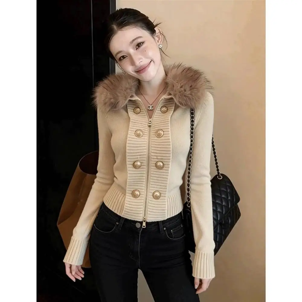 Chic Short Knitted Cardigan Women's Fashion Winter Outerwear Light Maturity Fur Collar 2026 New Style Commute Style Regular S...