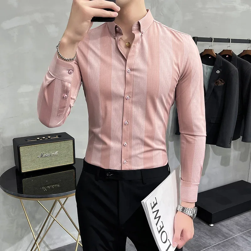 New Elegant Long Sleeve Striped Shirts Men Spring Autumn Business Formal Slim Male Shirt Fashion Wedding Party Camisa Masculina