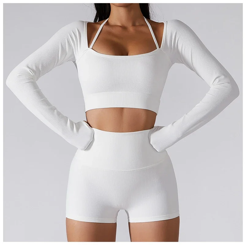 Women Yoga Set Gym Clothing Tracksuit Long Sleeve Crop Top One Shoulder Bra High Waist Seamless Leggings Fitness Sports Suits